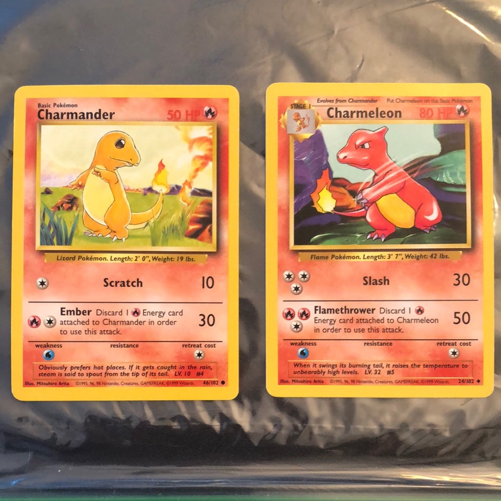 Pokémon Cards - Vintage Charmander and Charmeleon - Original Base Set- NEAR MINT